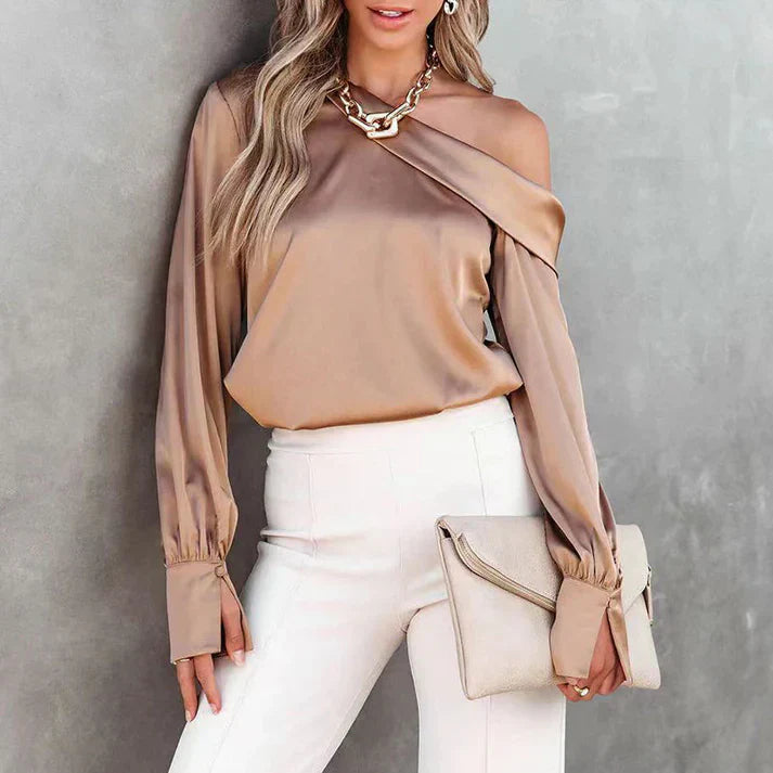 Silk Look Asymmetric Off-Shoulder Blouse
