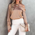 Women's Blouse - Asymmetric Off-Shoulder - Long Sleeves with Wide Cuffs - Silk Look