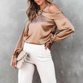 Women's Blouse - Asymmetric Off-Shoulder - Long Sleeves with Wide Cuffs - Silk Look