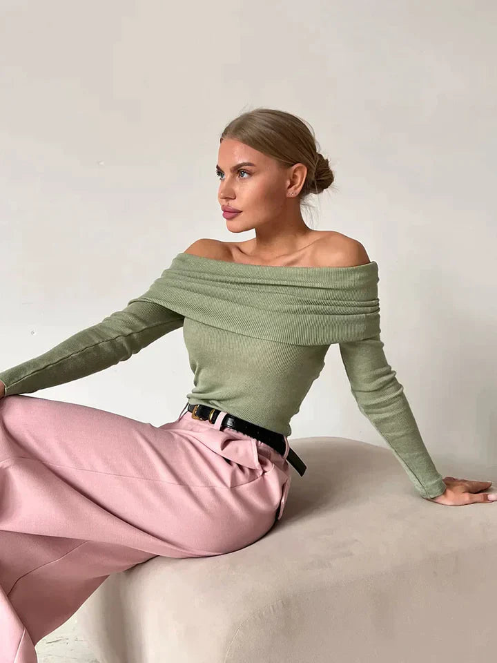 Fitted Ribbed Knit Off-Shoulder Sweatshirt
