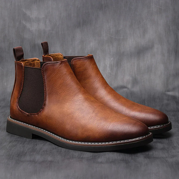 Men’s Boots - Leather - Almond Toe - Elastic Side Gussets - Low Block Heel