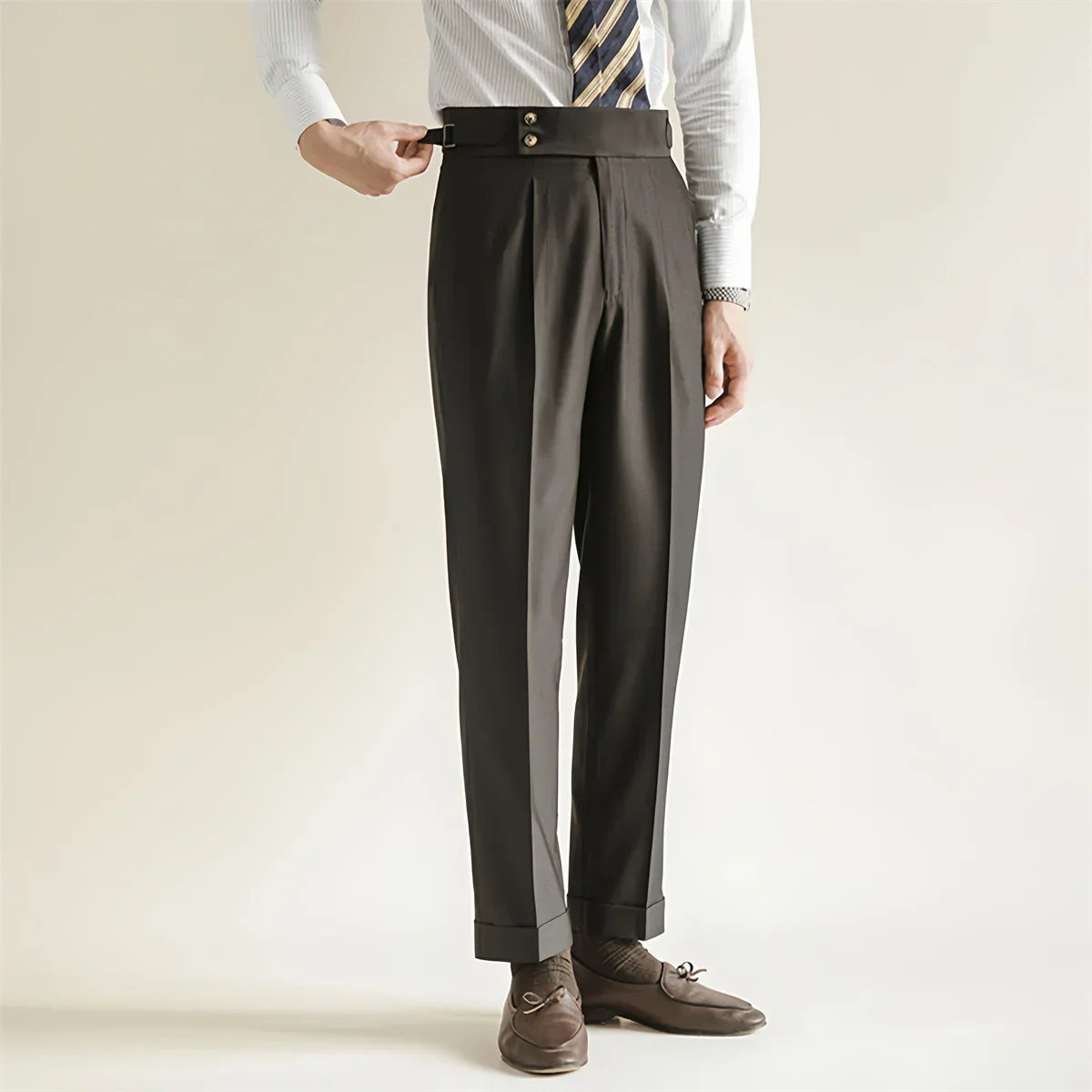 High Waist Tailored Fit Pleated Cuffed Trousers