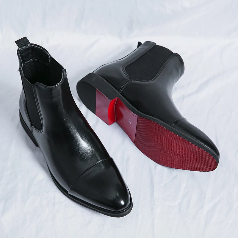 Men's Chelsea Boots – Leather – Slim Fit – Ankle Height – Cap Toe – Elastic Panels