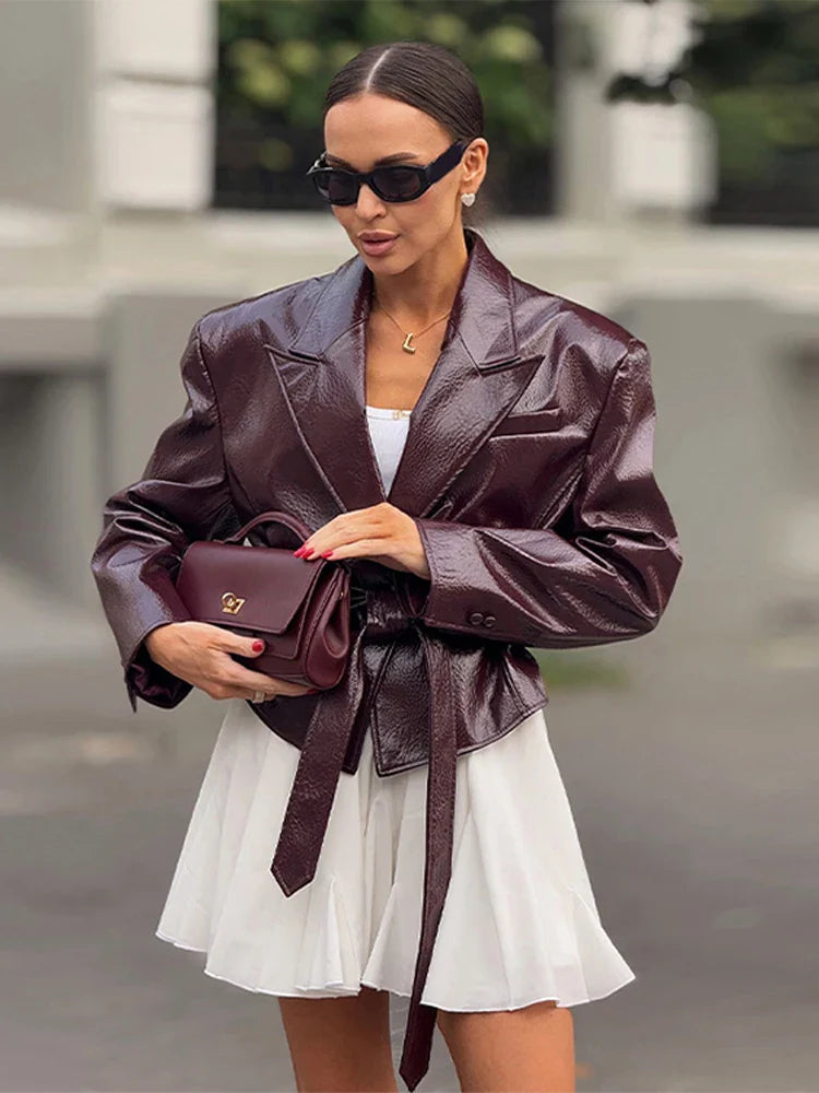 Oversized Belted Waist Leather Jacket