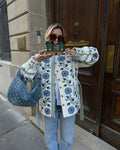 Women's Jacket - Embroidered Floral Pattern - Straight Cut - Round Neck - Long-Sleeved