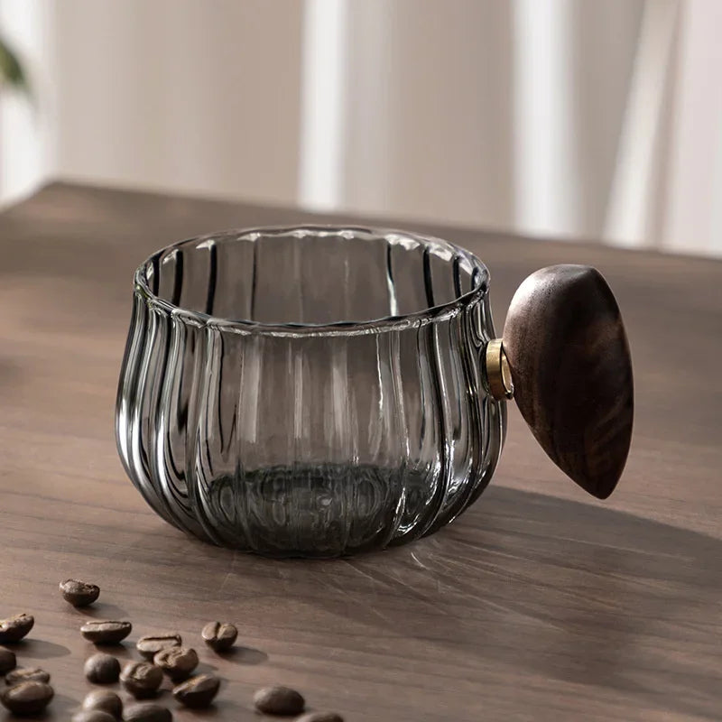 Ribbed Glass Wood Handle Coffee Mug