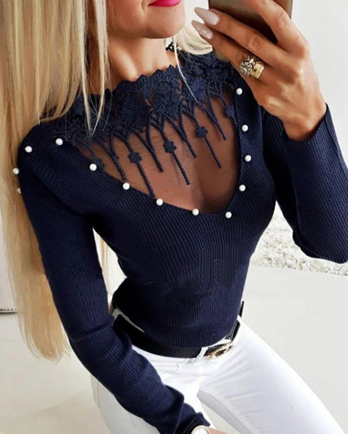Women's Knit Sweater - Ribbed Knit - V-Neck with Lace and Pearl Details - Slim Fit