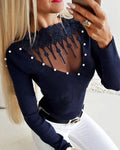 Women's Knit Sweater - Ribbed Knit - V-Neck with Lace and Pearl Details - Slim Fit