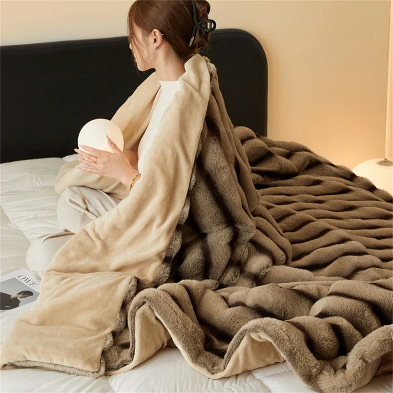 Plush Faux Fur Ribbed Throw Blanket