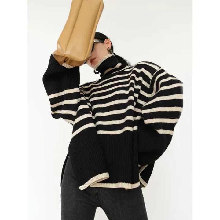 Oversized Ribbed Striped Turtleneck Knit Top