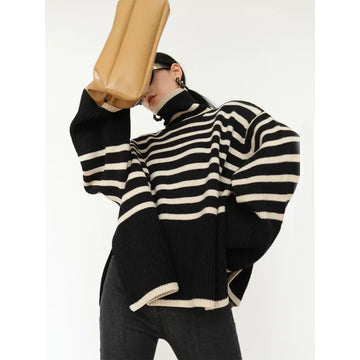 Oversized Ribbed Striped Turtleneck Knit Top