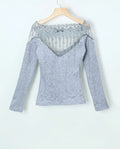 Women's Knit Sweater - Ribbed Knit - V-Neck with Lace and Pearl Details - Slim Fit