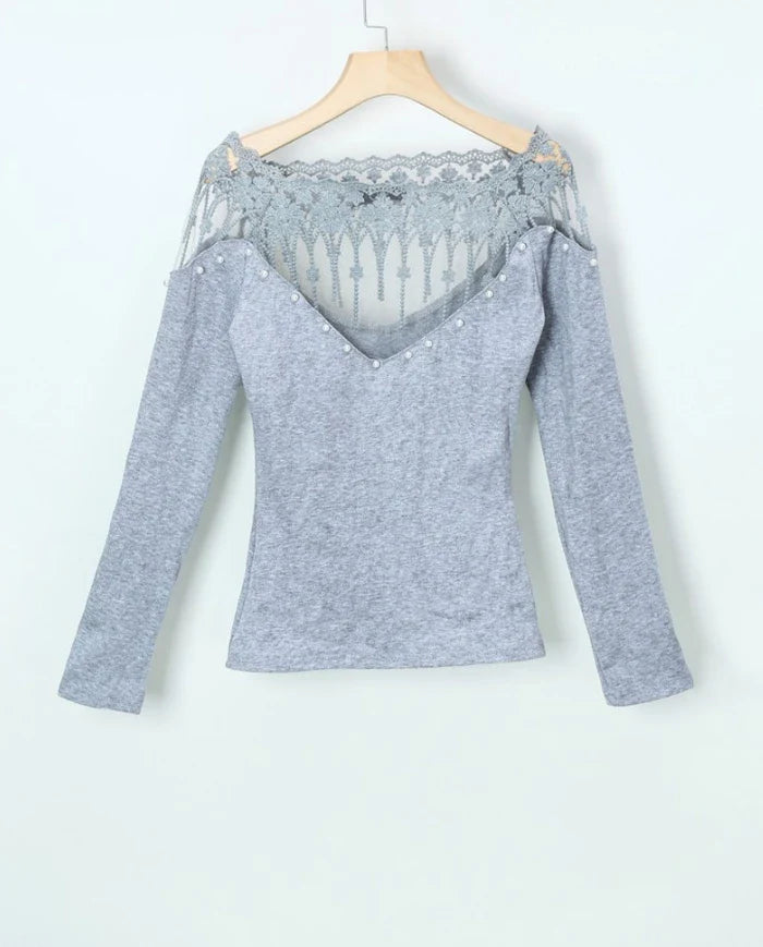 Women's Knit Sweater - Ribbed Knit - V-Neck with Lace and Pearl Details - Slim Fit