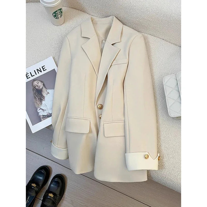 Single-Breasted Hip-Length Gold-Tone Button Blazer