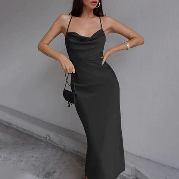 Dame Maxikjole - Elegant Satinlook - Cowl Neck - Spaghettistropper - Figursyet