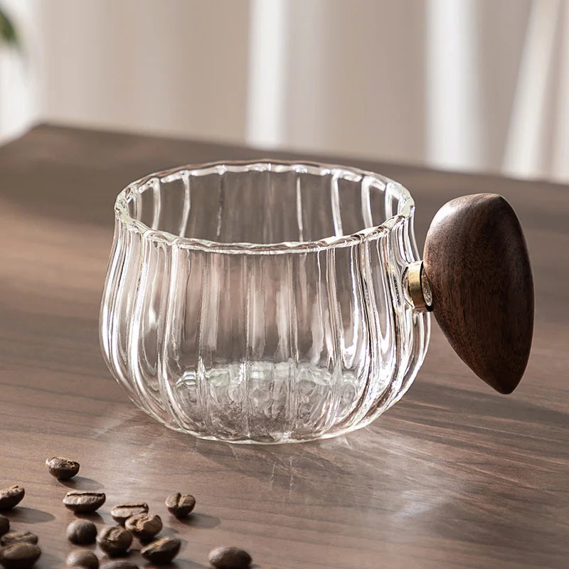 Ribbed Glass Wood Handle Coffee Mug