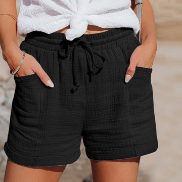 Dame Shorts - Afslappet Pasform - Elastisk Talje med Snøre - Tekstureret Bomuld