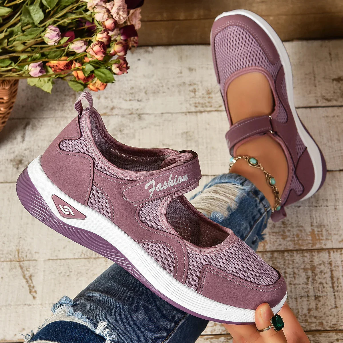 Women's Sneakers - Breathable Mesh - Adjustable Strap - Comfortable Sole for Everyday
