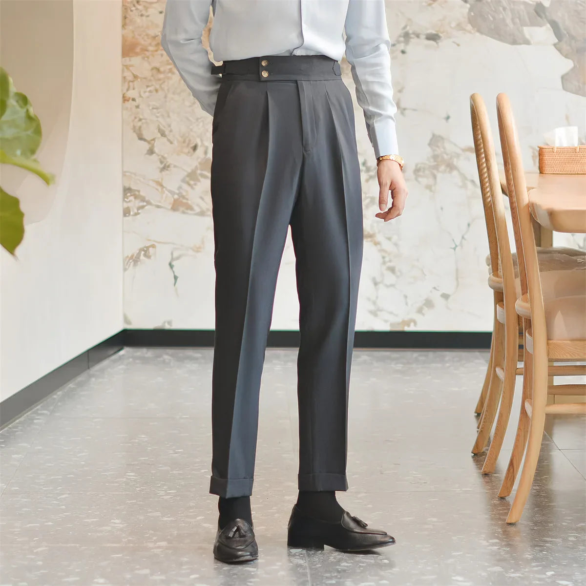 Men's Trousers – Tailored Fit – High Waist – Front Pleats – Cuffs at Ankles