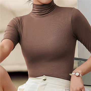 Dame Rullekrave Top - Slim Fit - Strækbart Stof - Kortærmet Elegant Design
