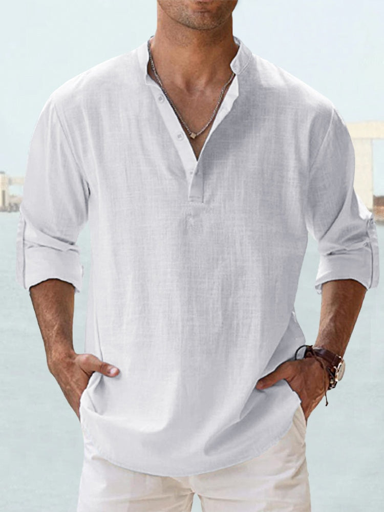 Men's Shirt - Relaxed Fit - Long-Sleeved - Sustainable Lightweight Fabric - Grandad Collar