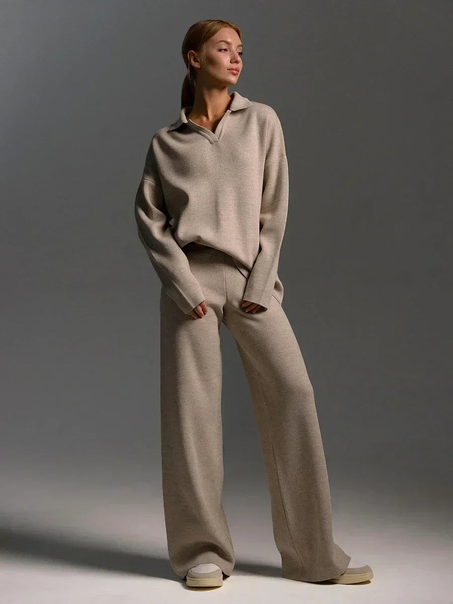 Relaxed Polo Neck Wide-Leg Knit Set
