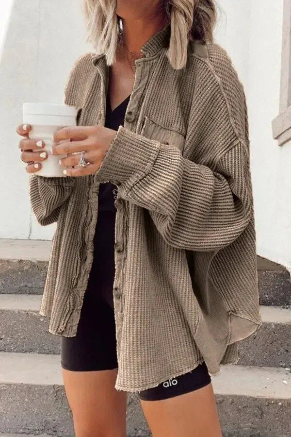 Waffle Knit Raw Edge Shirt Jacket