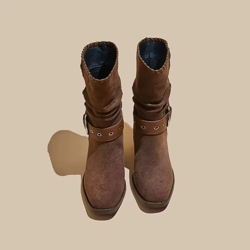 Faux Suede Slouchy Mid-Calf Block Heel Boots