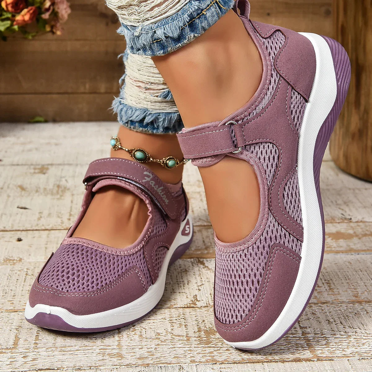 Women's Sneakers - Breathable Mesh - Adjustable Strap - Comfortable Sole for Everyday