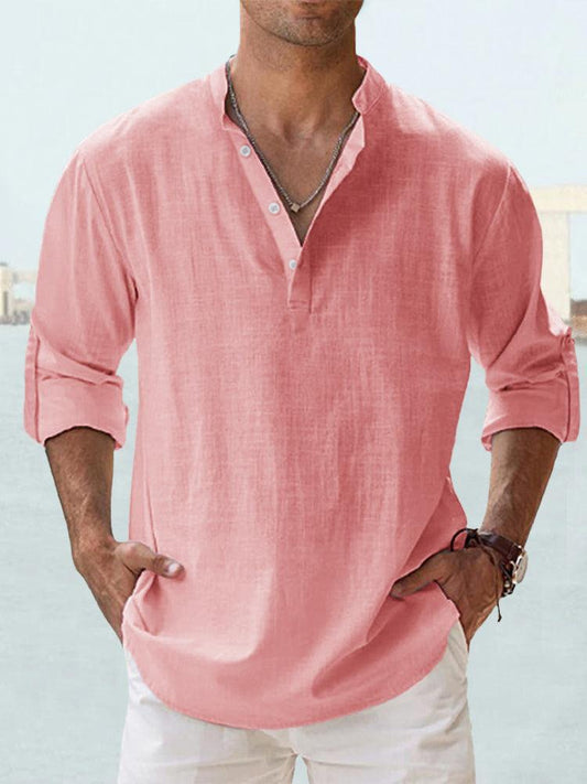 Men's Lightweight Henley Shirt with Convertible Roll-Tab Sleeves