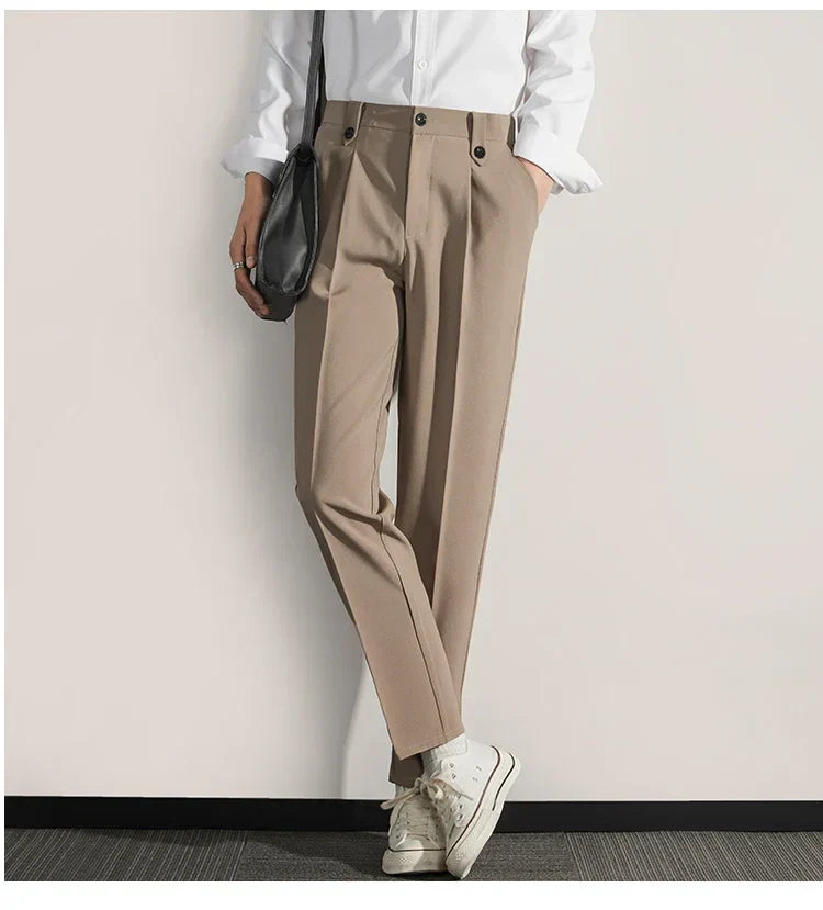 Men's Trousers – Classic Fit – Straight Legs – Lightweight Cotton Blend – Pressed Pleats