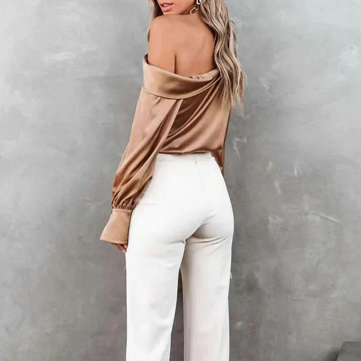 Women's Blouse - Asymmetric Off-Shoulder - Long Sleeves with Wide Cuffs - Silk Look