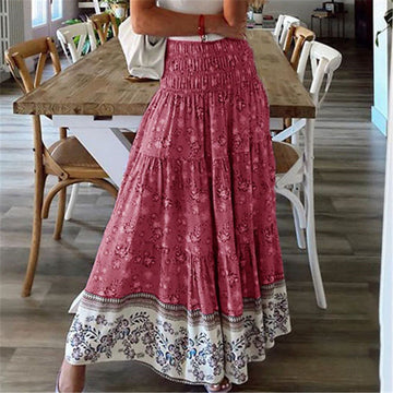 Dame Maxinederdel - Elastisk Talje - Boheme Stil - Lagdelt Design