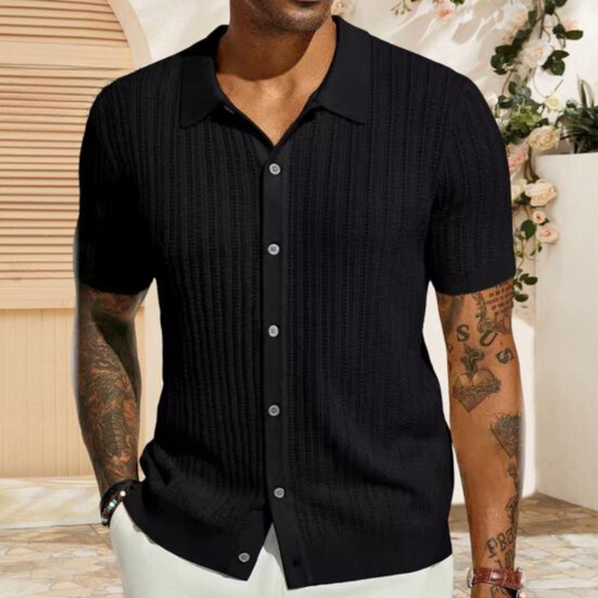 Ribbed Button-Up Short Sleeve Knit Shirt