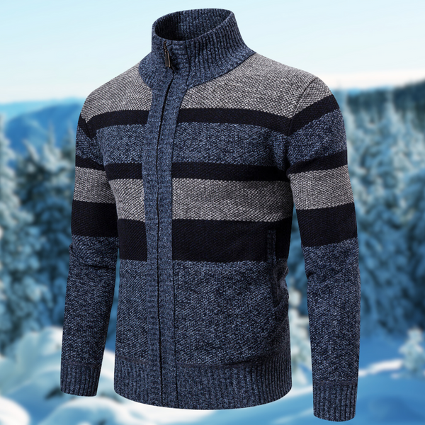 Men’s Knit Jacket – Regular Fit – Textured Striped – Full Zip – Ribbed Mock Neck