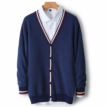 Herrecardigan – Uldblanding – Afslappet Pasform – V-hals – Knaplukning – Ribkanter