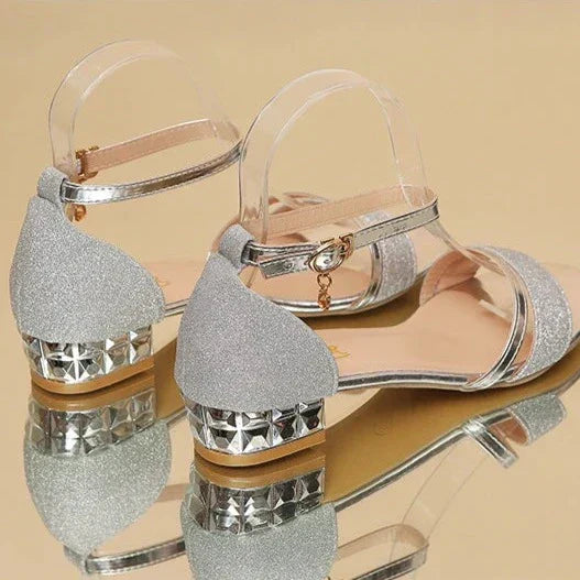 Women's Sandals - Open Toe - Block Heel with Metallic Details - Adjustable Ankle Strap