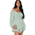 Women's Off-Shoulder Dress - Long Sleeves - Smock Details - Layered Mini Skirt - Elegant Look