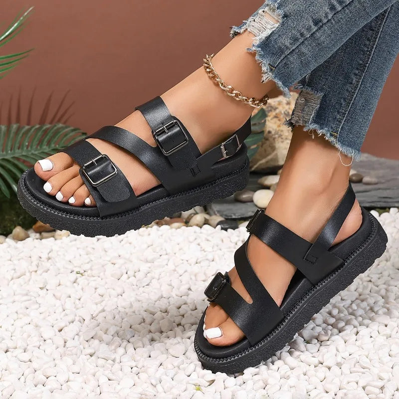 Women's Sandals – Adjustable Straps – Thick Sole with Pattern – Comfort and Style