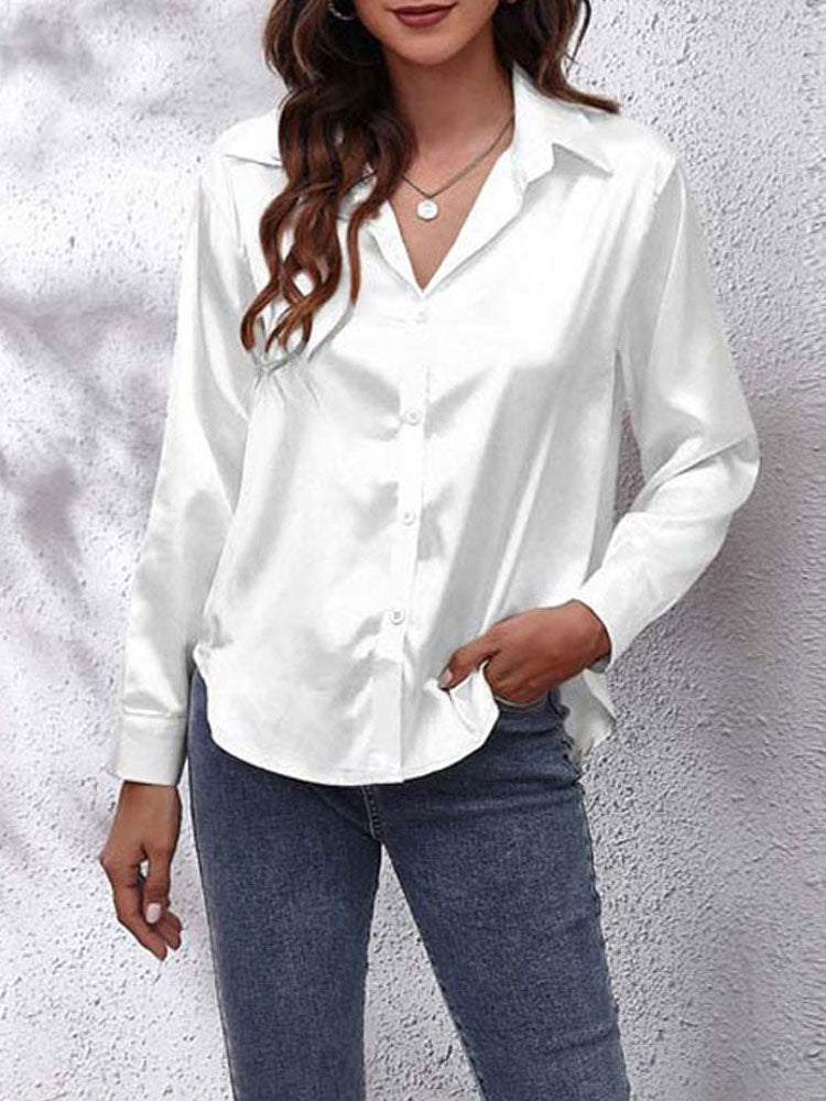 Women's Blouse - Satin Look - Button Closure - Classic Collar - Long Sleeves Loose Fit