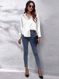Women's Blouse - Satin Look - Button Closure - Classic Collar - Long Sleeves Loose Fit