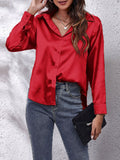 Women's Blouse - Satin Look - Button Closure - Classic Collar - Long Sleeves Loose Fit