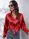 Women's Blouse - Satin Look - Button Closure - Classic Collar - Long Sleeves Loose Fit