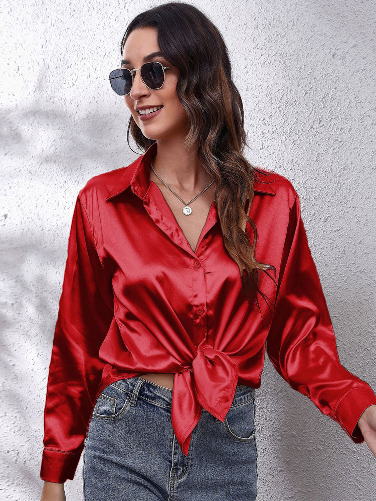 Women's Blouse - Satin Look - Button Closure - Classic Collar - Long Sleeves Loose Fit