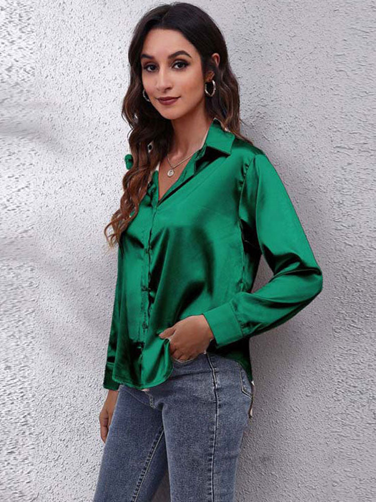 Women's Blouse - Satin Look - Button Closure - Classic Collar - Long Sleeves Loose Fit