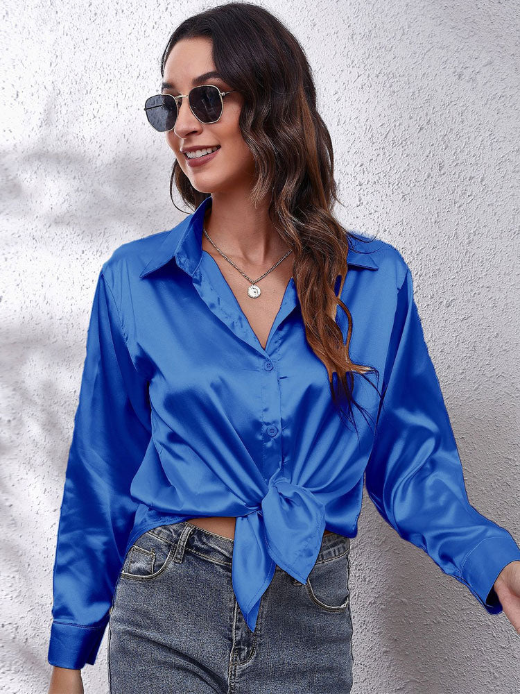 Women's Blouse - Satin Look - Button Closure - Classic Collar - Long Sleeves Loose Fit