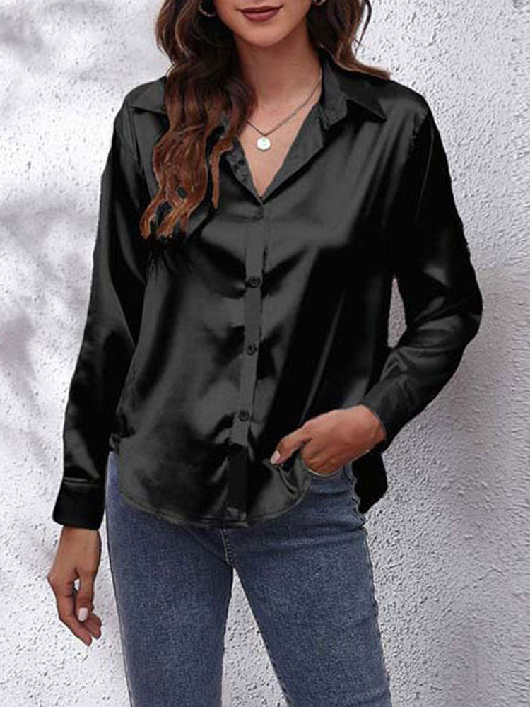 Women's Blouse - Satin Look - Button Closure - Classic Collar - Long Sleeves Loose Fit