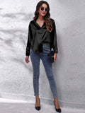 Women's Blouse - Satin Look - Button Closure - Classic Collar - Long Sleeves Loose Fit