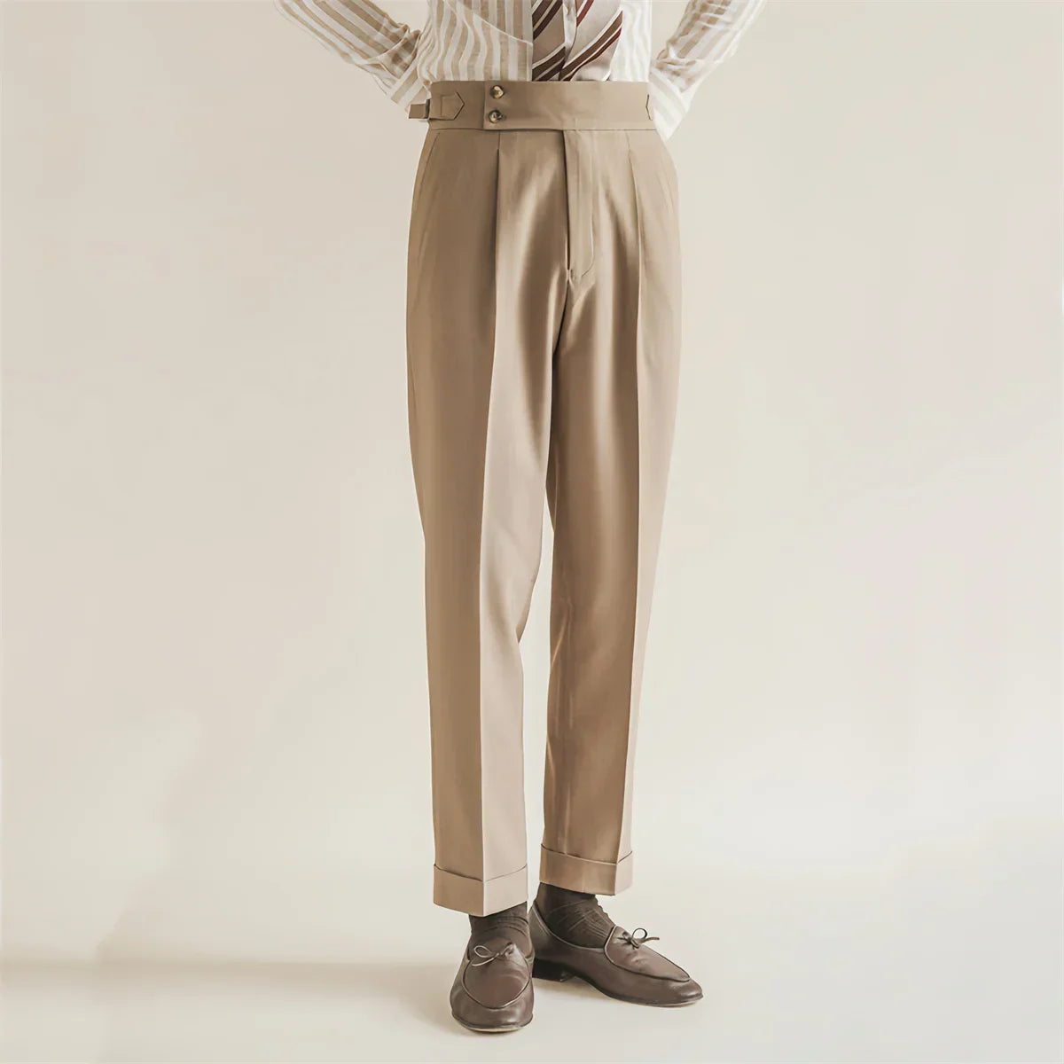Men's Trousers – Tailored Fit – High Waist – Front Pleats – Cuffs at Ankles