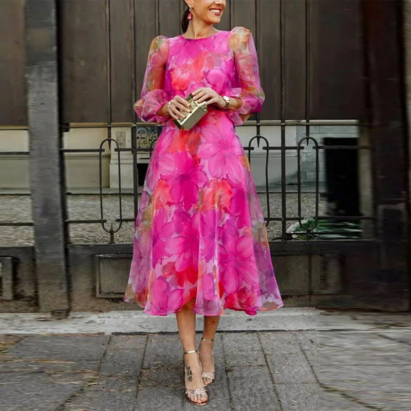 Dame Midi Kjole - A-Linje Pasform - Lange Sheer Ærmer - Elegant Blomsterprint
